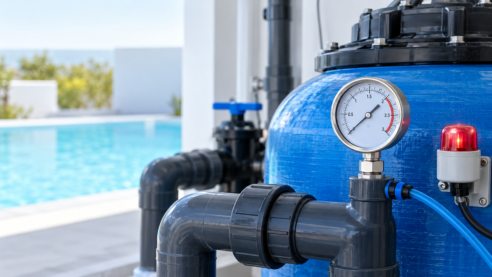 Manómetro y filtro de piscina para controlar cuándo realizar la limpieza