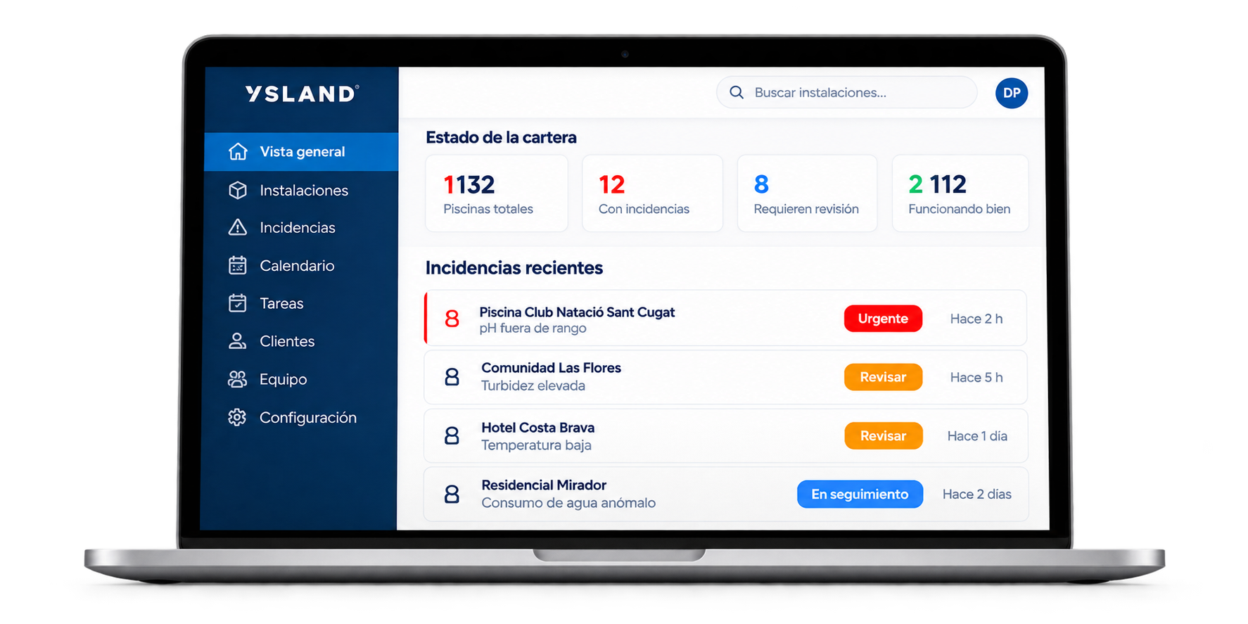 Vista de la plataforma Ysland con varias piscinas y sus indicadores